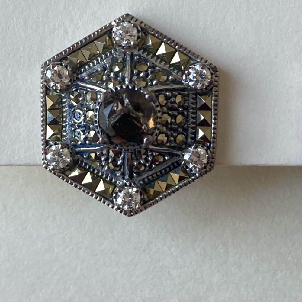 Vintage Judith Jack Gold Sterling Silver Marcasite Hexagon Clip On Earrings - Picture 2 of 4